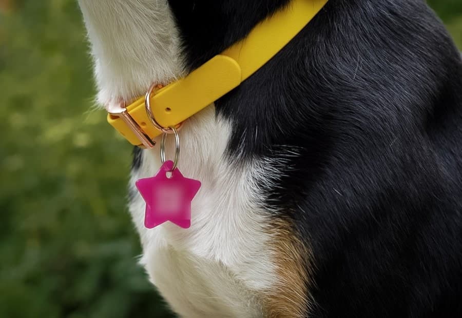 Hund mit Stern-QR-Marke am gelben Halsband